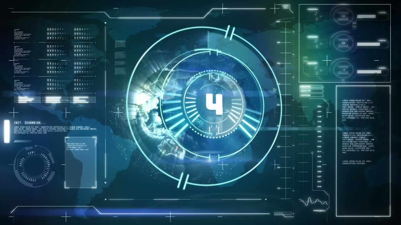 анимация сканирования объекта с обратным отсчетом обработки данных на черном фоне