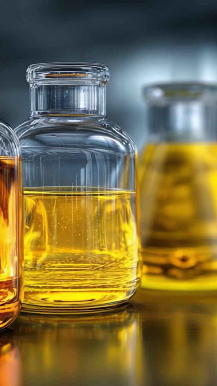 A Detailed Look at Colorful Liquids in Transparent Glass Bottles Captured in a Modern Laboratory Setting, Showcasing Various Shades and Reflections