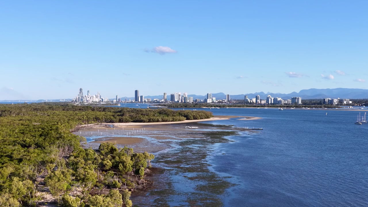 Ripresa con drone di mangrovie e spiaggia a South Stradbroke Island con skyline di città distante, Australia