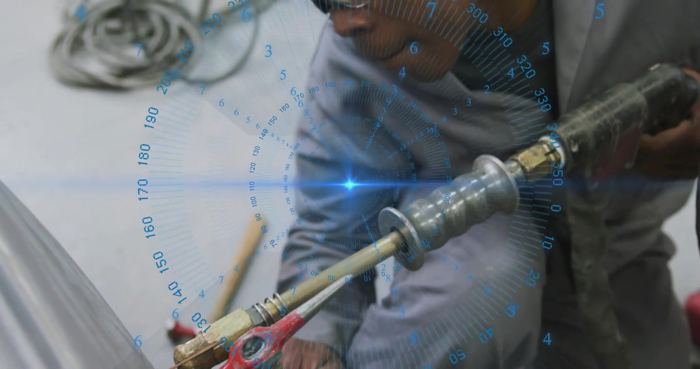 Mechanic Using Dent Puller for Car Body Repair with Digital Overlay