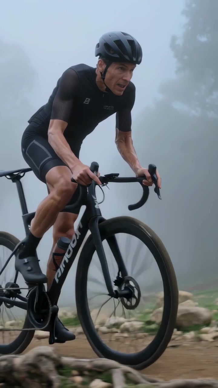 Video verticale: Ciclista in tenuta che pedala su un sentiero boschivo nebbioso, affrontando radici e mantenendo il controllo.