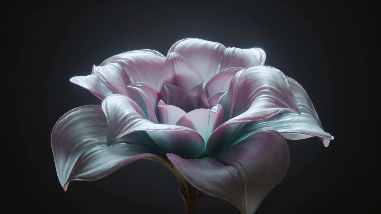 Camera orbiting closer in studio, revealing glossy flower swelling petals and stem under rim lights
