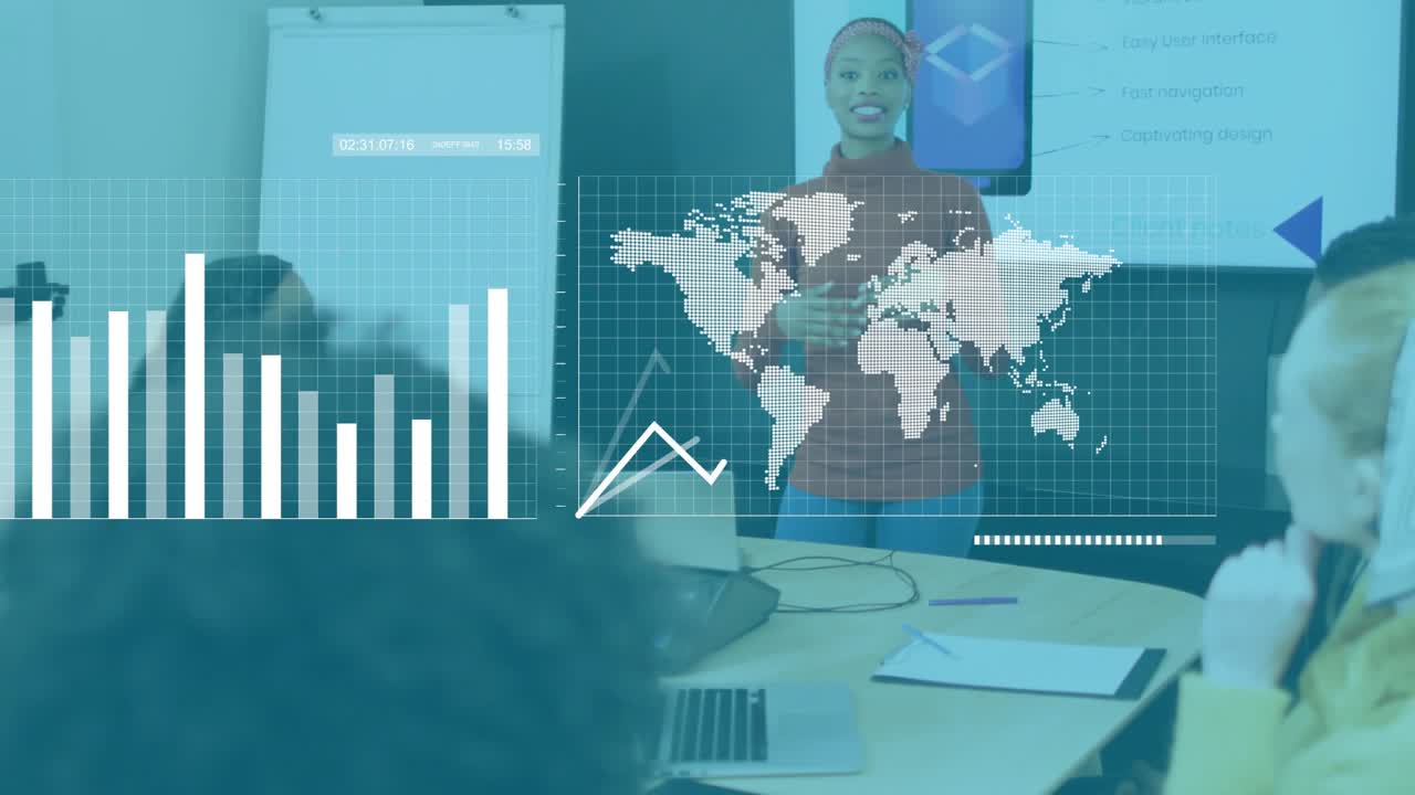 Presenter gesturing at screen in business meeting, activating line graph into bar-chart global map