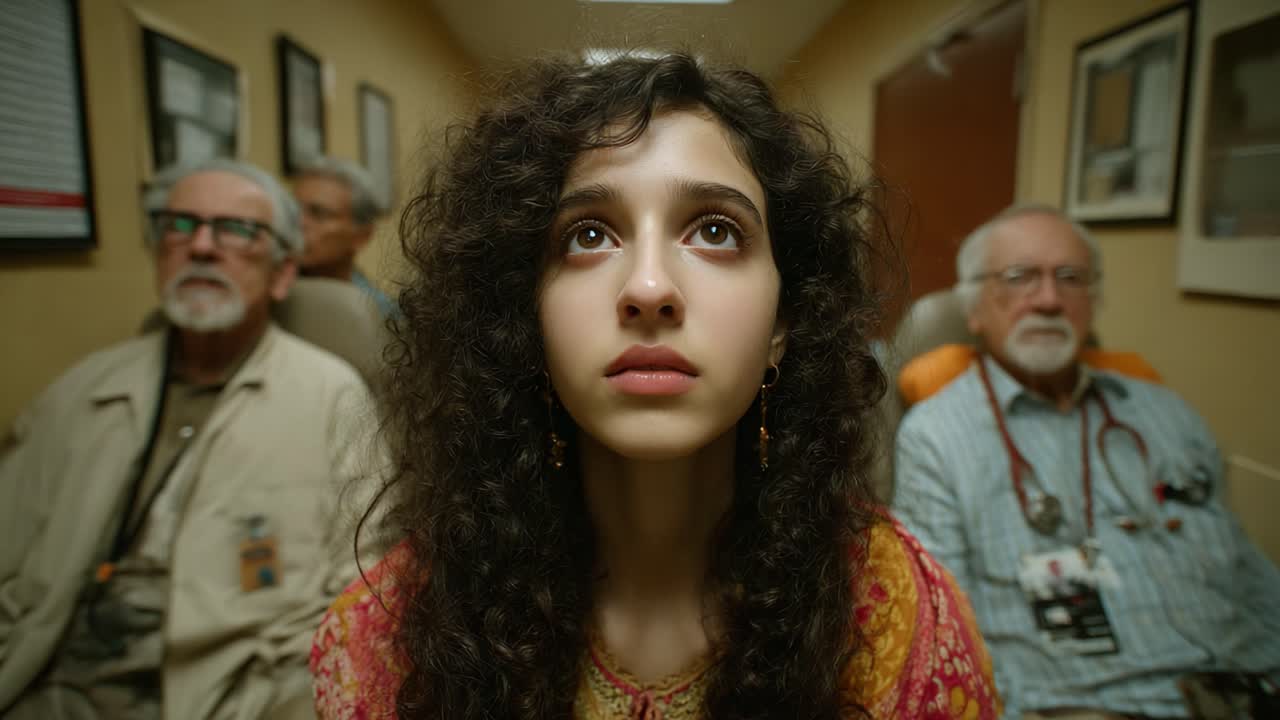 A young woman sits anxiously in a hospital waiting room, surrounded by elderly men, depicting a moment filled with uncertainty and emotional tension as she gazes upward contemplatively