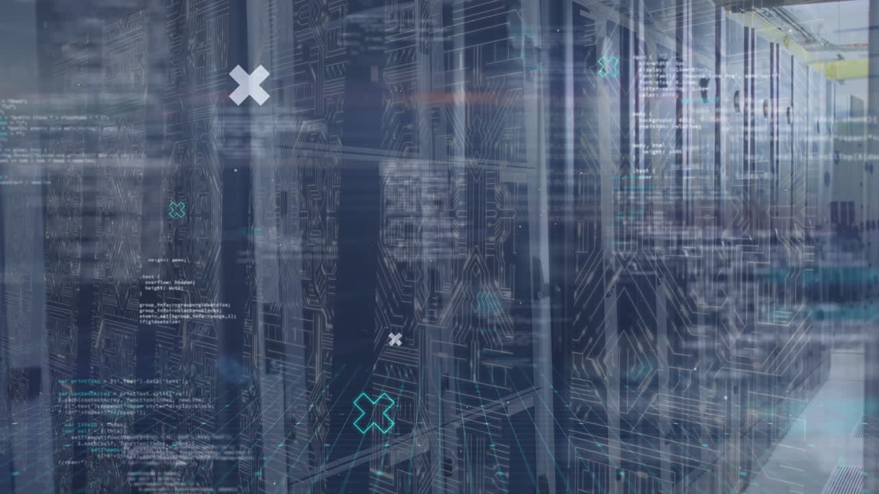Animation of data processing and microprocessor connections over computer server room