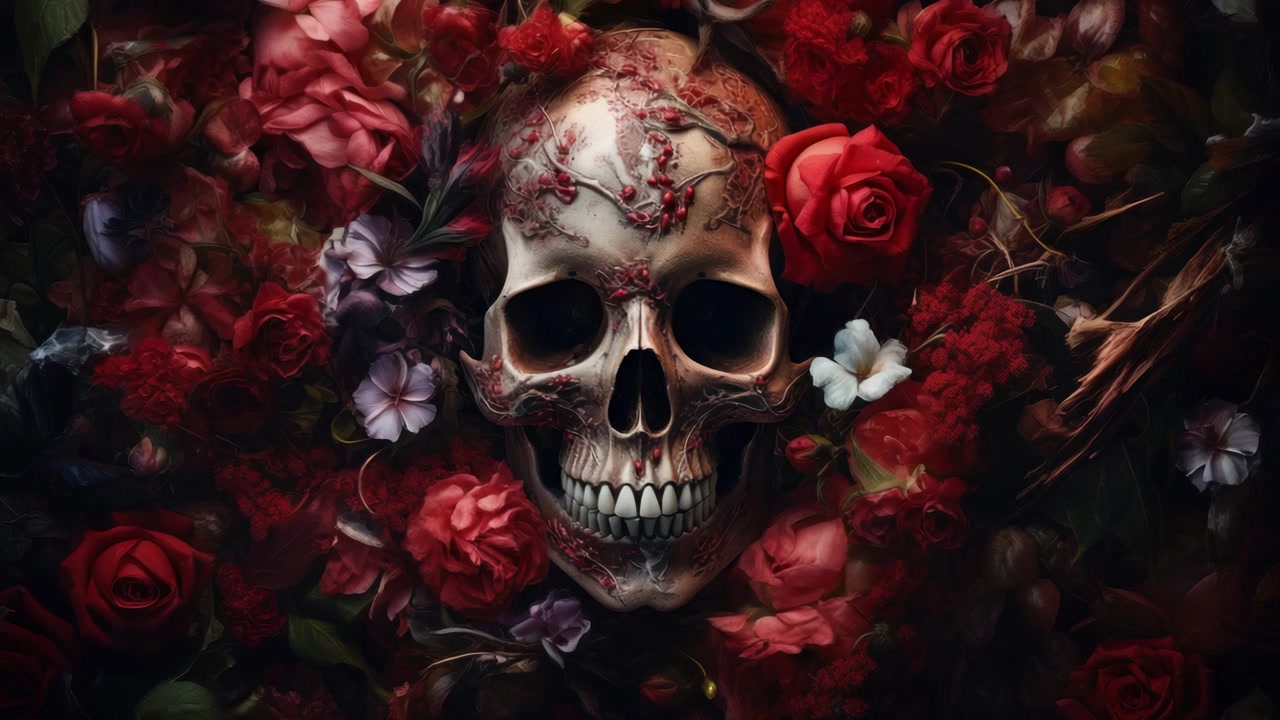 Teschio umano circondato da vivaci rose rosse e fiori