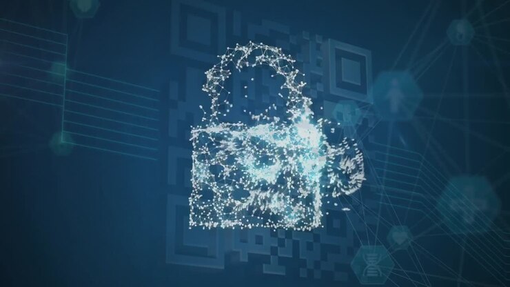 Animazione di nuvola digitale e lucchetto su codice QR su sfondo blu