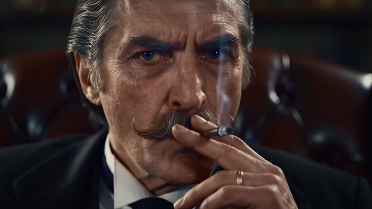 Un gentiluomo pensieroso fuma assorto nei suoi pensieri: intenso primo piano di un uomo con i baffi con una sigaretta in una stanza scarsamente illuminata