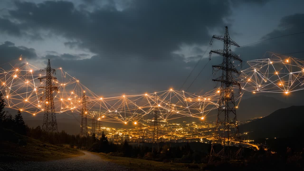 En Betagende Udsigt over Oplyste Bybilleder i Skumringen, Forbundet af Indviklede Elledninger, der Viser Sammenfletningen af Natur og Avanceret Energiinfrastruktur i en Slående Nattescene