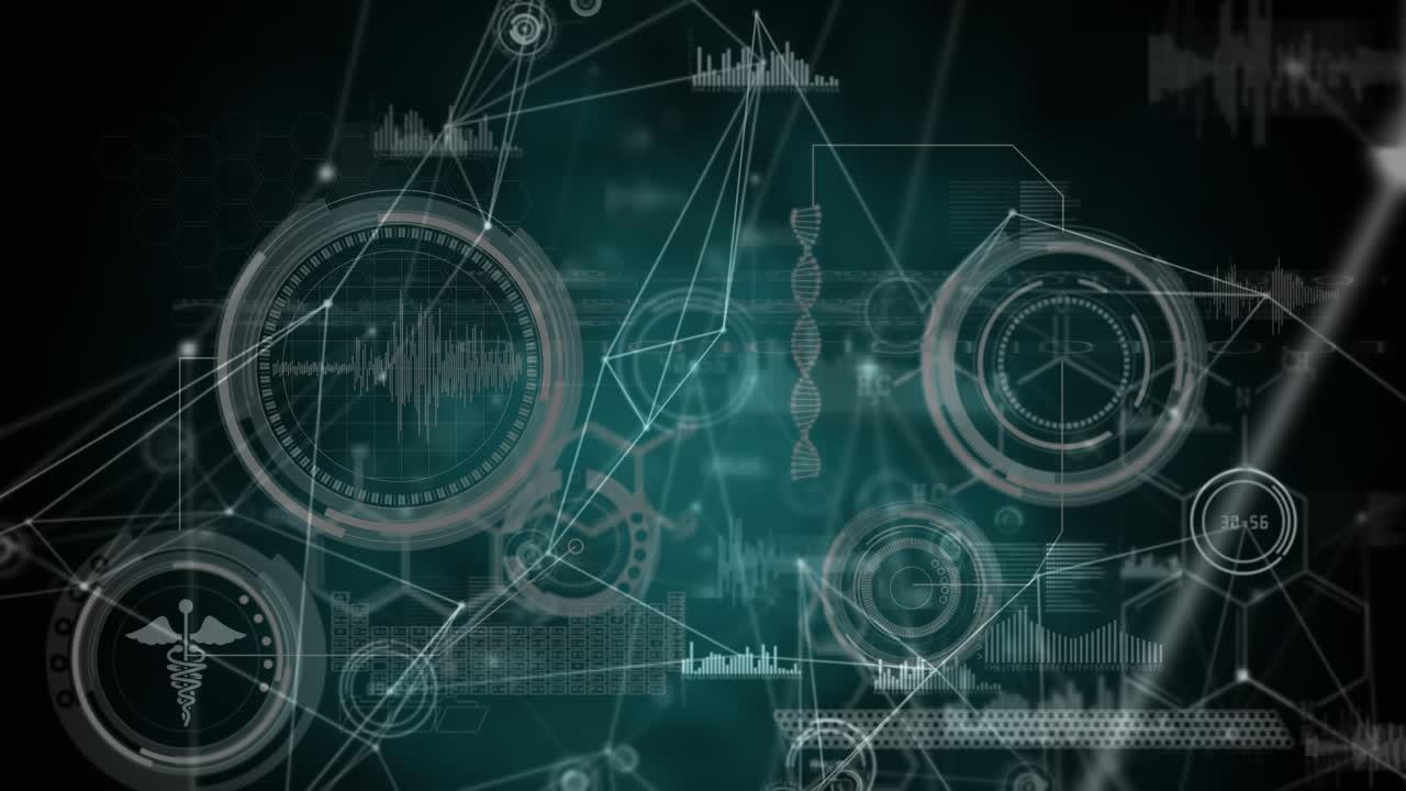 dna 가닥을 통한 연결 네트워크의 애니메이션과 스크린에서 의료 데이터 처리