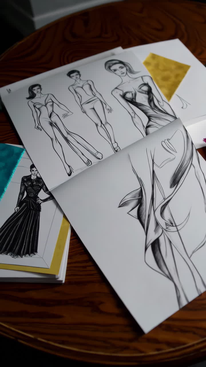 Fashion Design Sketches and Fabric Swatches