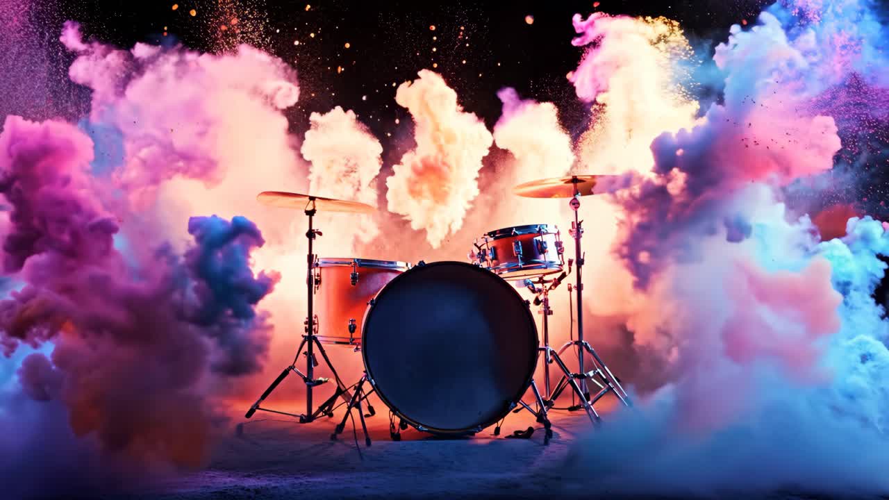 A drum set is surrounded by a cloud of blue and red smoke. The drum set is the main focus of the image, and the smoke adds a sense of chaos and energy to the scene
