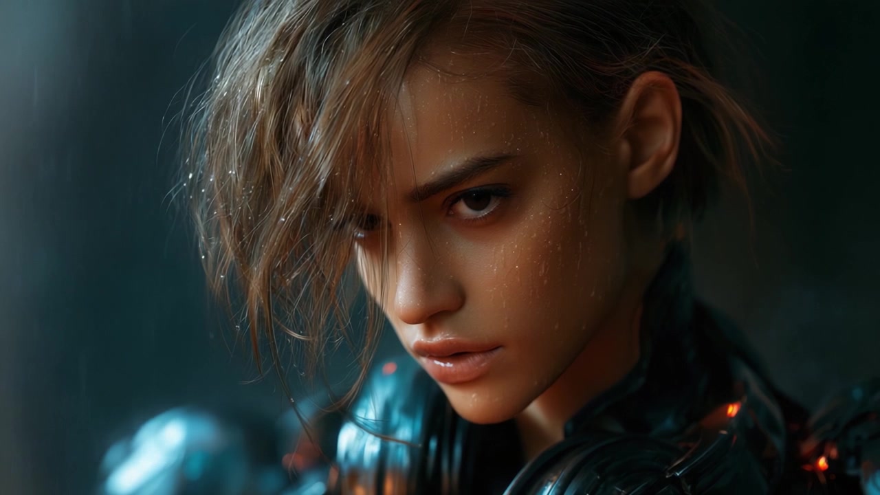 Un ritratto futuristico di una giovane donna in armatura fantascientifica, catturata in profonda introspezione in ambienti bagnati dalla pioggia.
