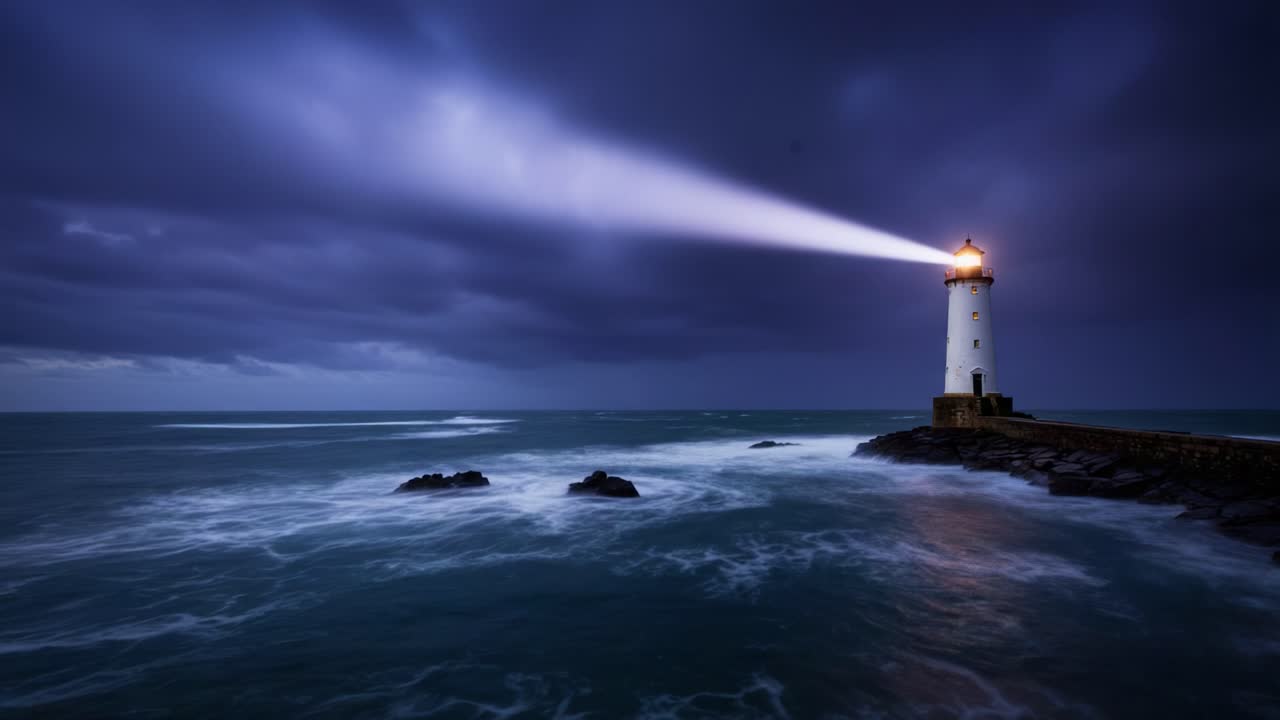 A Majestic Lighthouse Stands Defiant Against the Darkening Skies, Emitting a Guiding Beam of Light Over the Turbulent Ocean Waters and Rocky Coastline