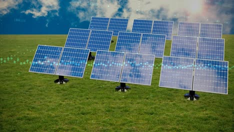 Animation-of-financial-data-processing-over-solar-panels-and-landscape