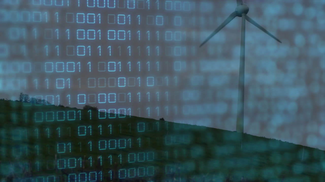Wind turbine being animated on grassy hill at dusk, with binary code overlay in flat design