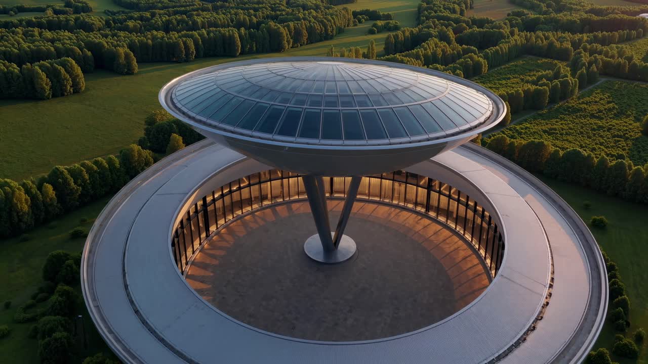 Aerial view of a futuristic building with a circular glass dome roof, supported by a central pillar, surrounded by green landscape and trees, showcasing modern architecture and innovative design
