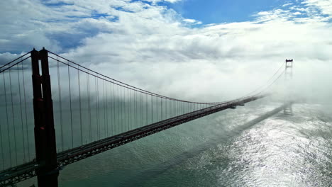 aerial drone golden gate bridge panoramic over ocean highway cars driving clouds