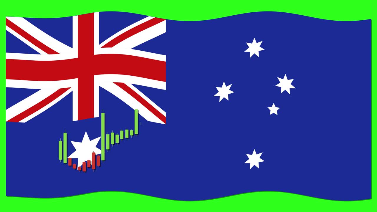 Animation of the Australian flag with a dynamic candlestick graph rising, symbolizing economic growth and financial trends
