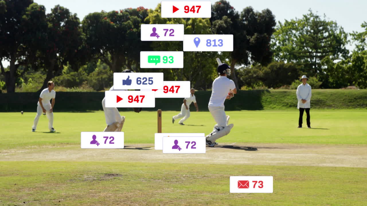 필드에서 다양한 크리켓 선수에 대한 디지털 데이터 처리의 애니메이션