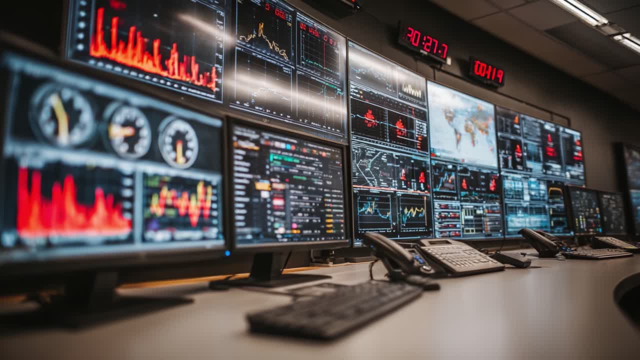 Un centro di comando ad alta tecnologia con monitor multipli che mostrano analisi dei dati in tempo reale, tendenze di mercato e informazioni finanziarie in un ambiente di lavoro coinvolgente