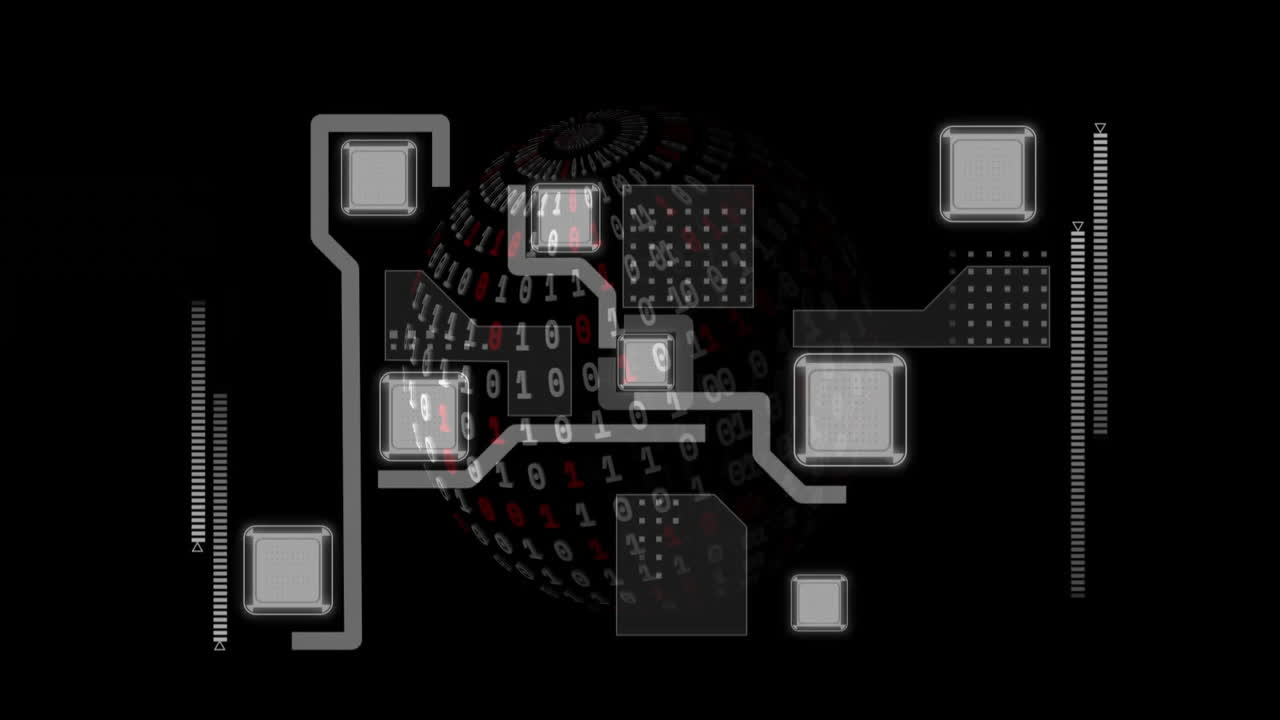 código binario y animación de placa de circuitos sobre fondo oscuro con globo digital