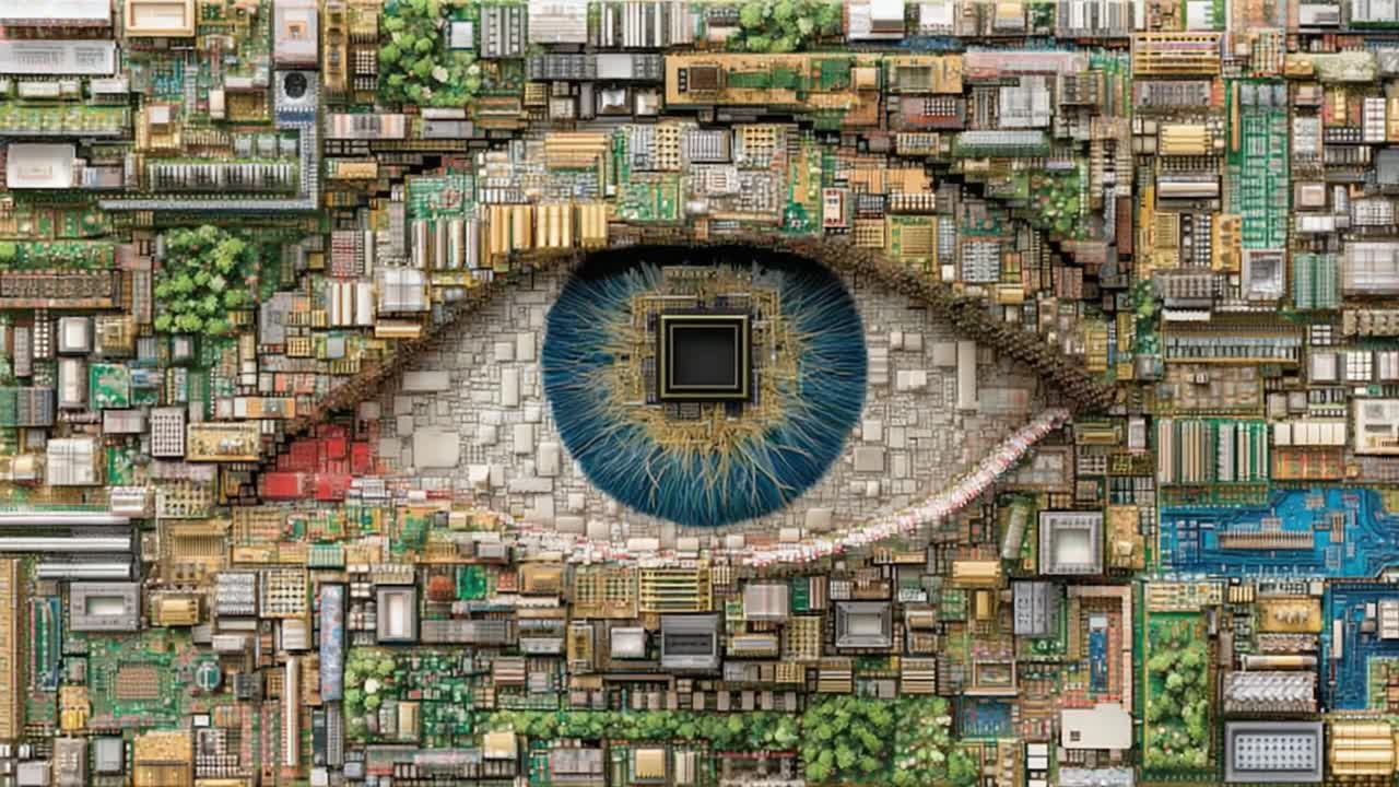 A Detailed Composite Eye Representation Merging Nature and Technology, Showcasing an Intricate Blend of Architecture and Data in a Stunning Visual Display
