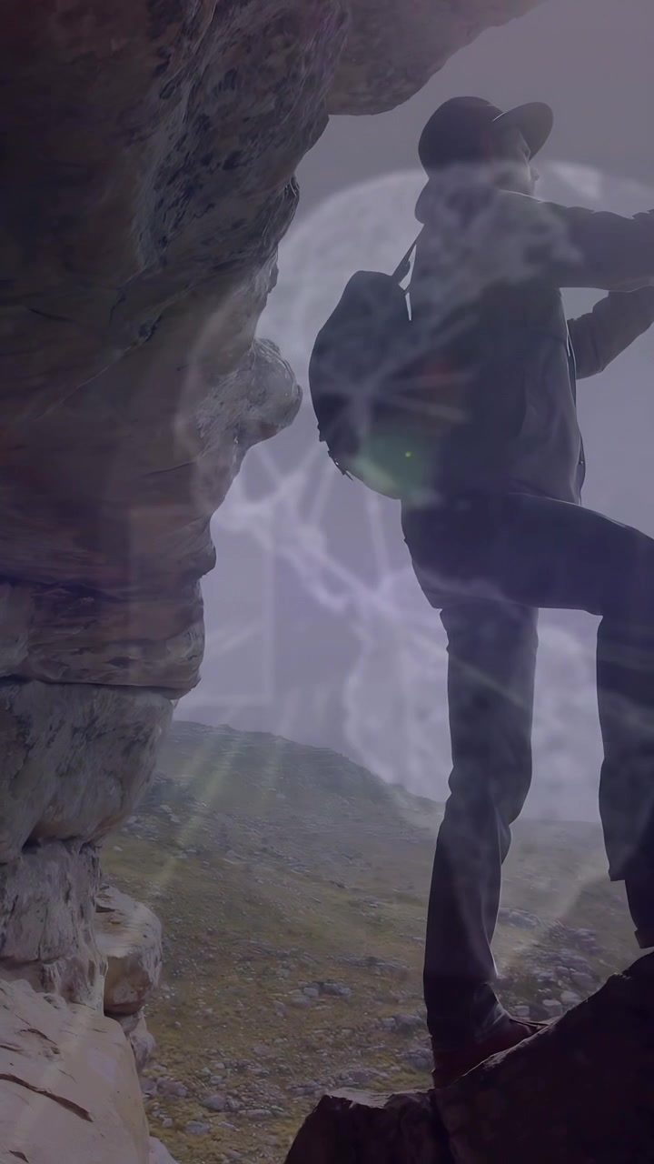 Video verticale: Escursionista uomo che esce da una grotta, sollevando un dispositivo, inquadrando la vista, con un'interfaccia utente tecnologica che lo inquadra.