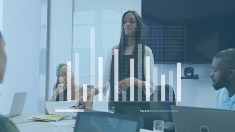 animation of statistical data processing against biracial woman giving a presentation at office