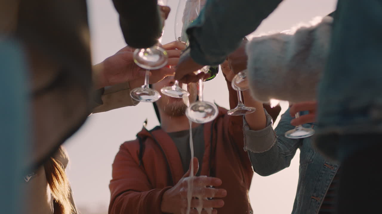 giovane uomo che versa champagne gruppo di amici che celebrano la festa sul tetto bevendo alcolici godendosi la celebrazione della riunione al tramonto