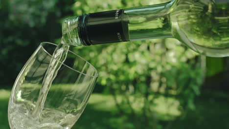 slow motion - close shot of delicious white wine poured into a glass in the garden on a sunny day