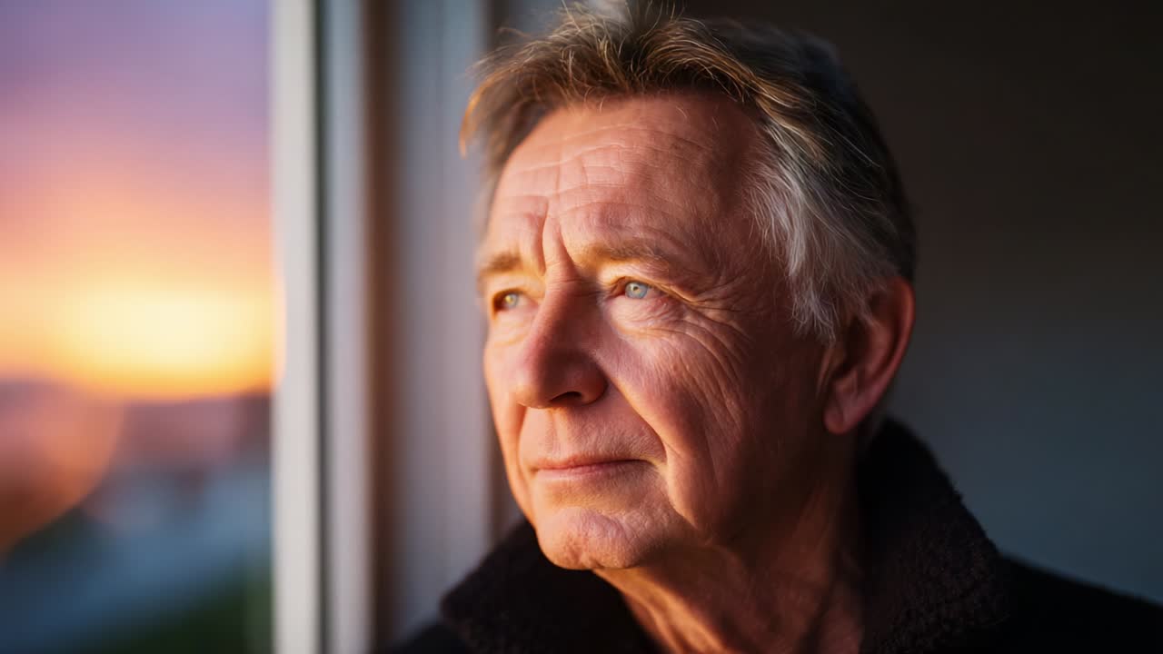 Un uomo anziano e pensieroso guarda fuori dalla finestra un tramonto mozzafiato, riflettendo sulla vita e sui ricordi, in una serena atmosfera ricca di emozione e tranquillità nella calda luce della sera