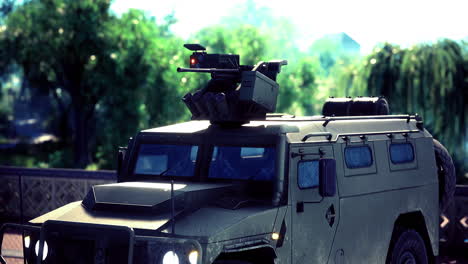 armored vehicle equipped with advanced technology in a lush green setting