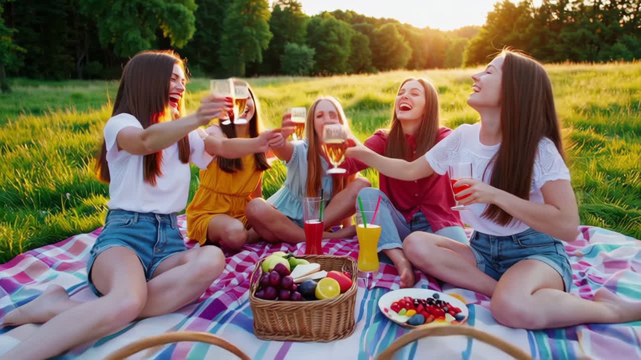 Friends enjoying a picnic at sunset, toasting with drinks