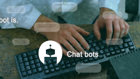 animación de texto ai, chat bot y procesamiento de datos sobre hombre caucásico usando portátil