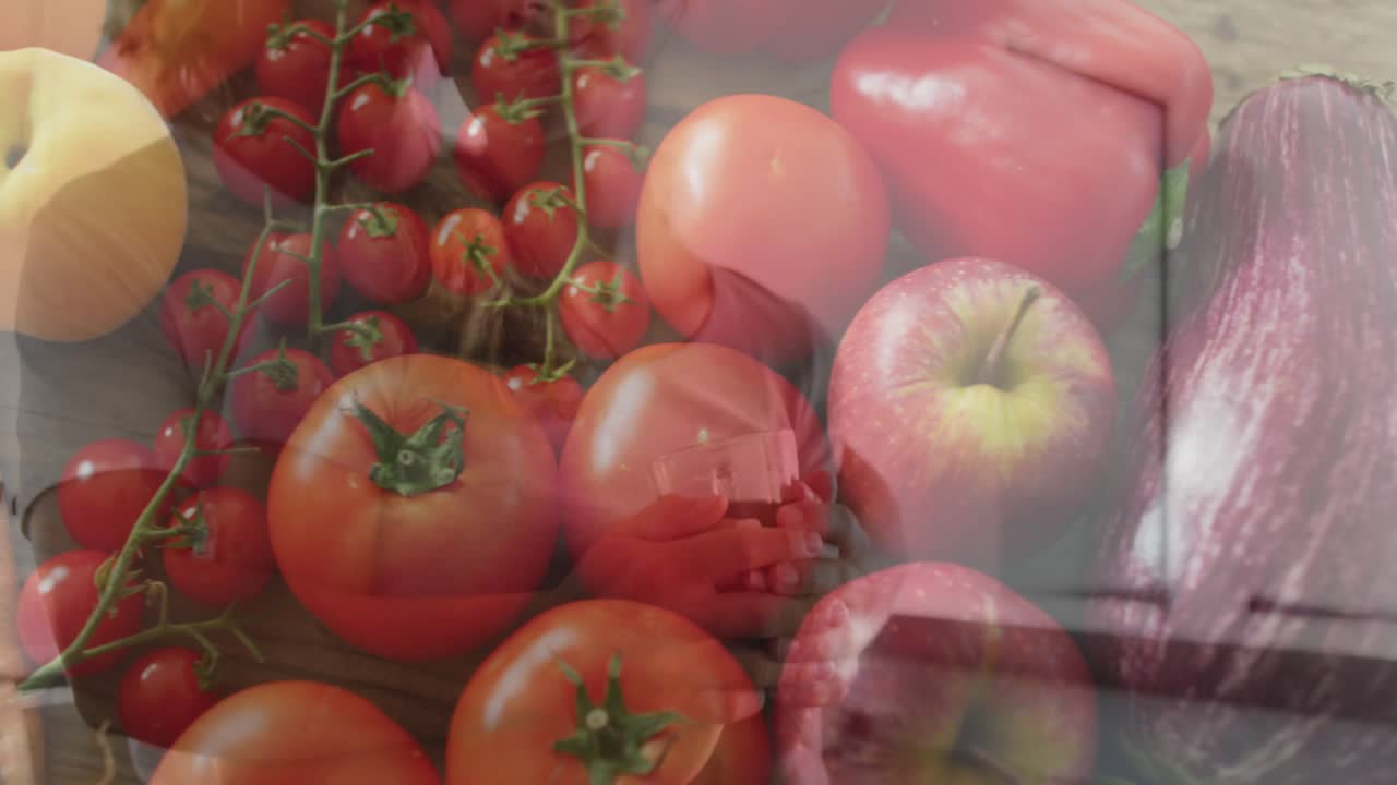 Adult male fading in over wooden tabletop, holding device analyzing produce for health data