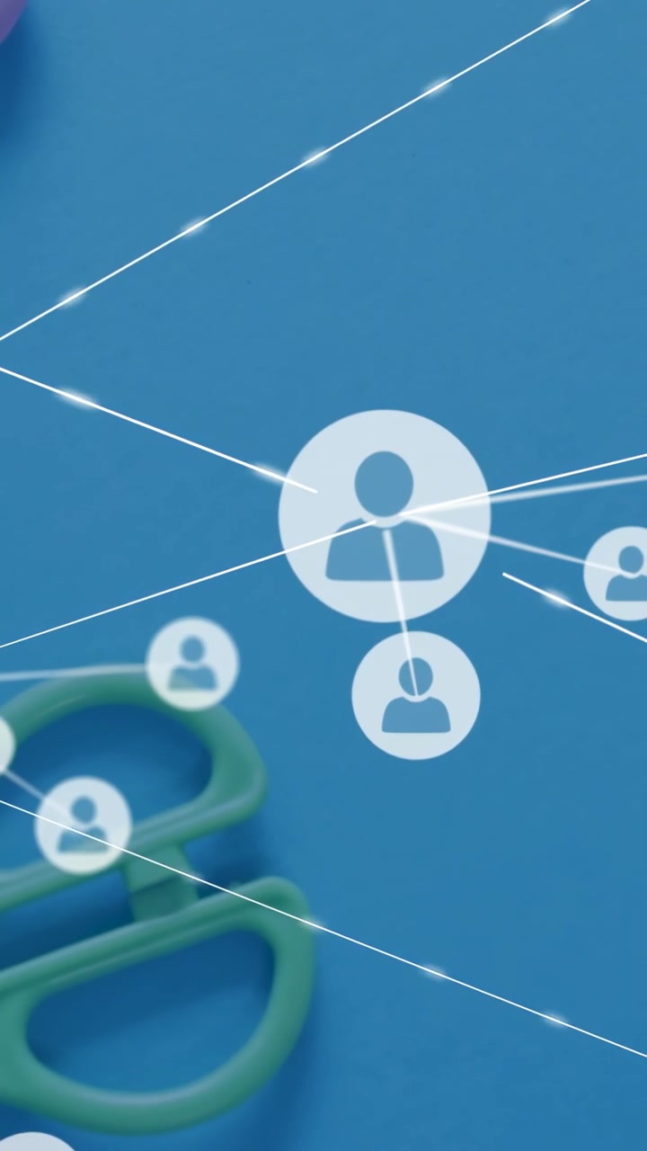 Vertical video: Growing dot starting avatars linking across blue desk to show group with scissors
