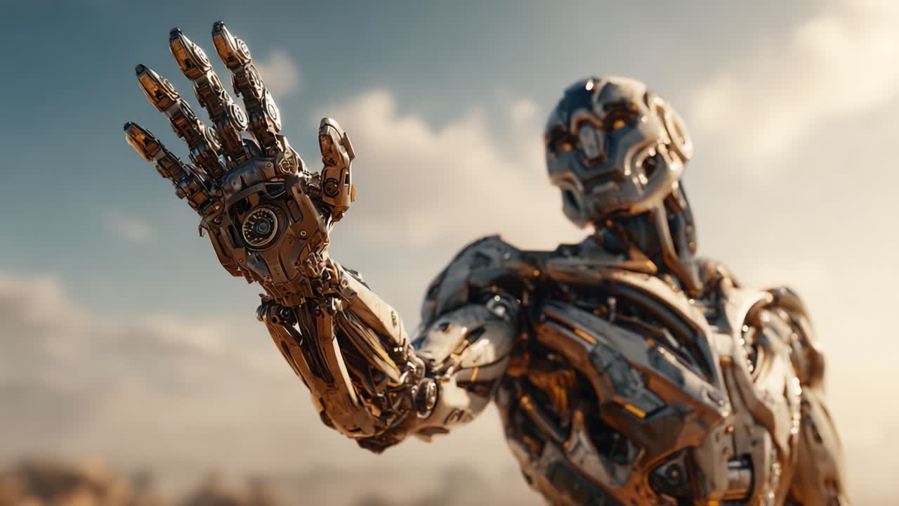 En futuristisk robot med detaljert metalldesign som strekker ut hånden, symboliserer tilknytning og avansert teknologi i et imponerende ørkenlandskap