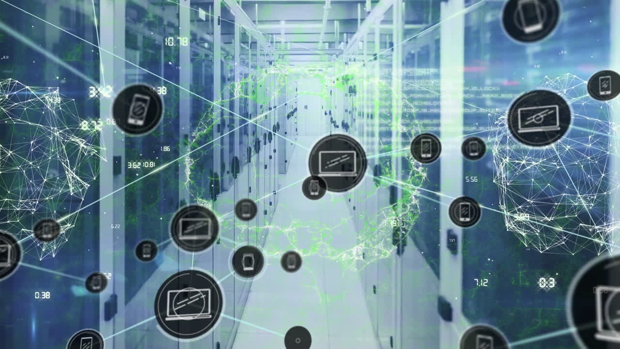 animación de la red de conexión con iconos sobre la sala del servidor