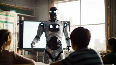 a classroom revolution: a humanoid robot engages students with interactive learning in a futuristic educational setting, enhancing modern teaching methods