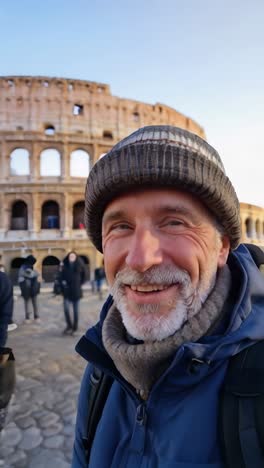 smiling man in front of the colosseum