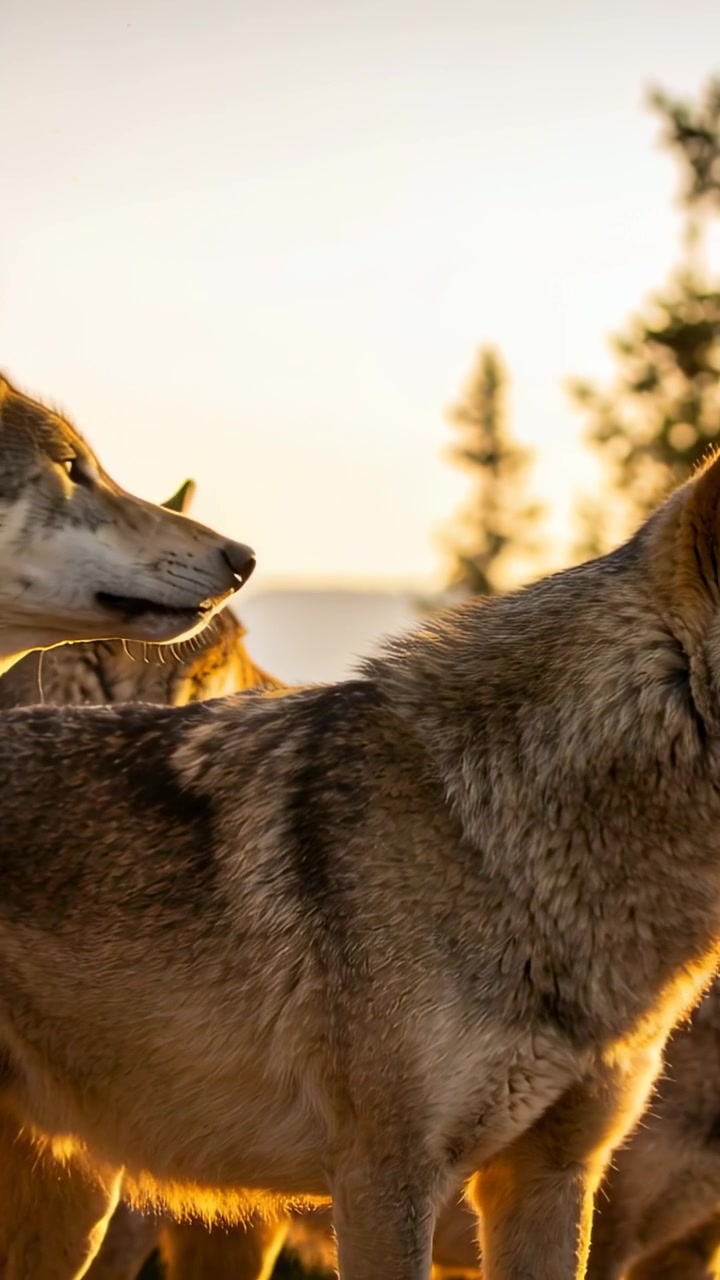 Vertical video: Howling gray wolves with left wolf raising head, answering at treeline, rim-lit fur