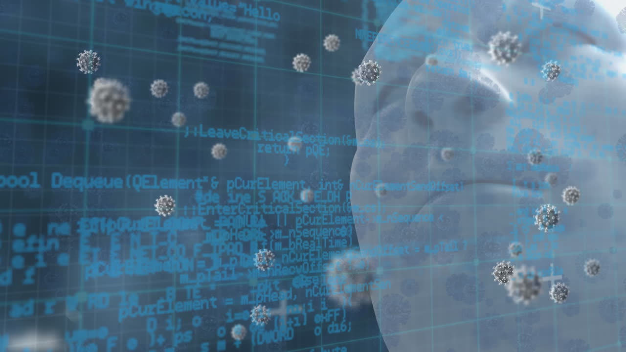 las células y los datos de covid-19 se animan sobre una cabeza humana en 3d en un concepto de pandemia.