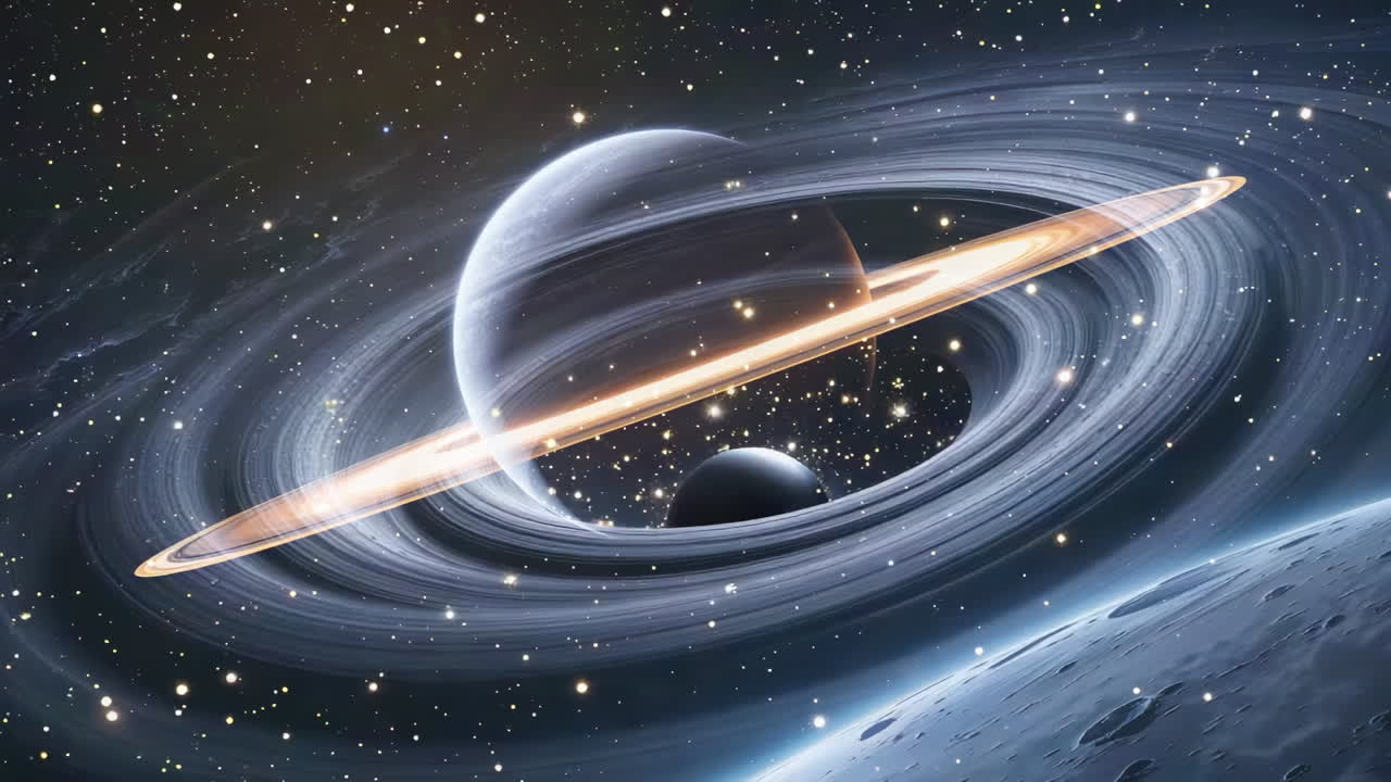 A magnificent view of a ringed planet in space with distant stars and a celestial body