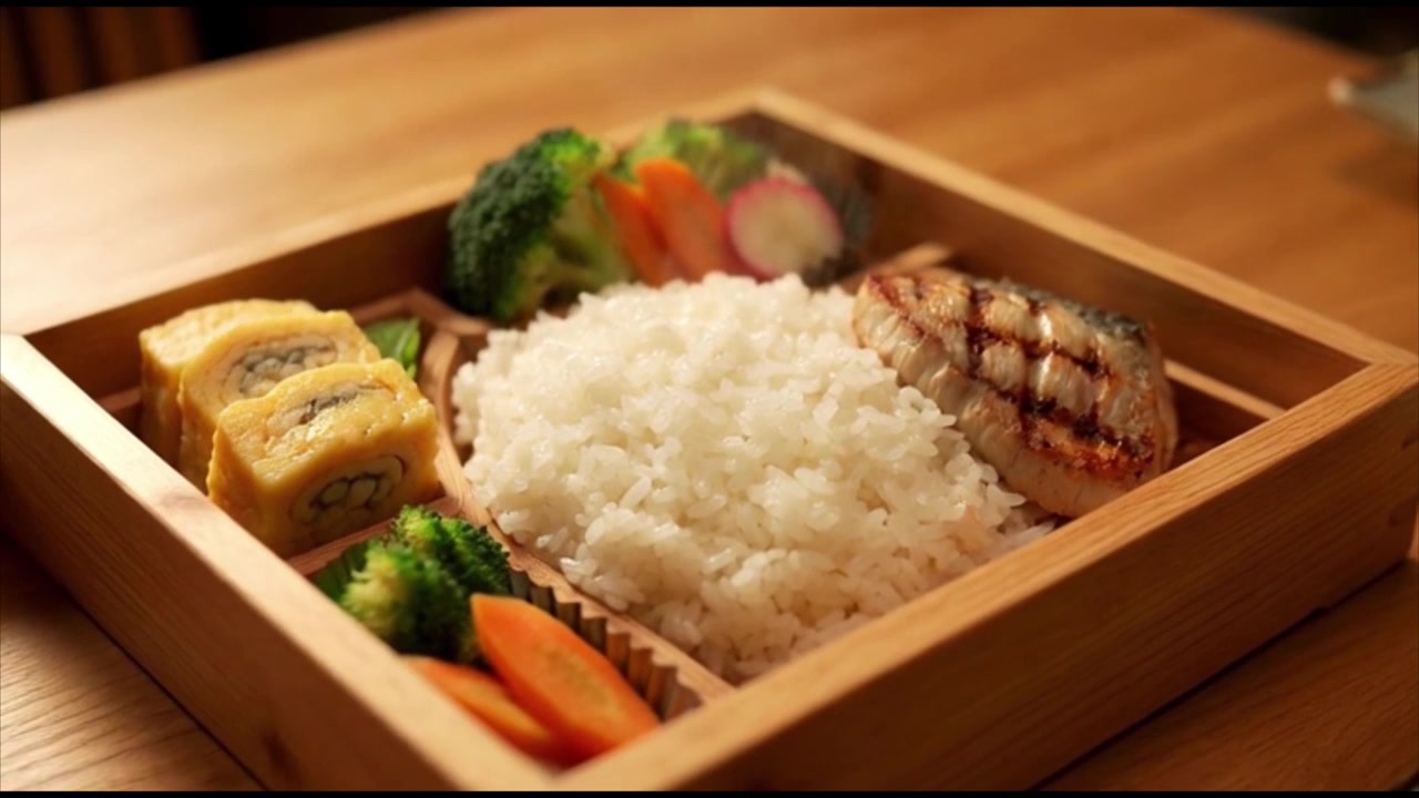 Traditionelle japanische Bento-Box mit gegrilltem Fisch und Reis