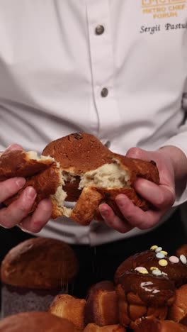 chef preparing and showing easter bread