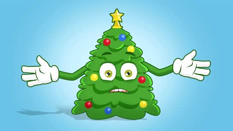 árbol de navidad de dibujos animados duda encoger de hombros con animación facial alfa mate