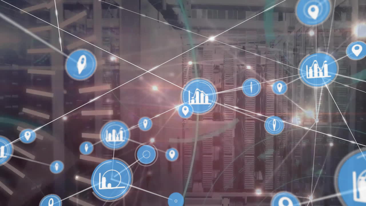animación de la red de conexiones con iconos y procesamiento de datos a través de servidores informáticos