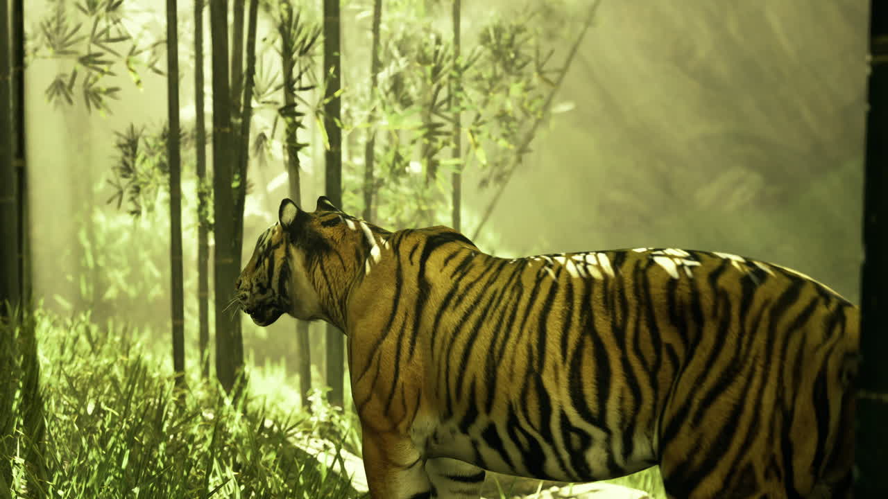 Majestic tiger walking through a serene bamboo forest at sunrise