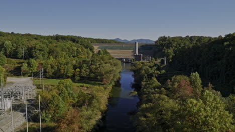 blue ridge lake georgia aerial v5 drone flyover along toccoa river towards the dam capturing beautiful lake surrounded by mountain landscape and lush greenery - shot with mavic 3 cine - october 2022